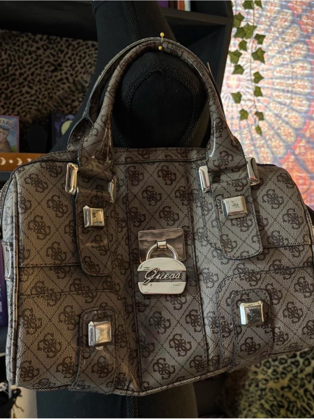 Guess Brown Monogram Satchel with Silver Accents